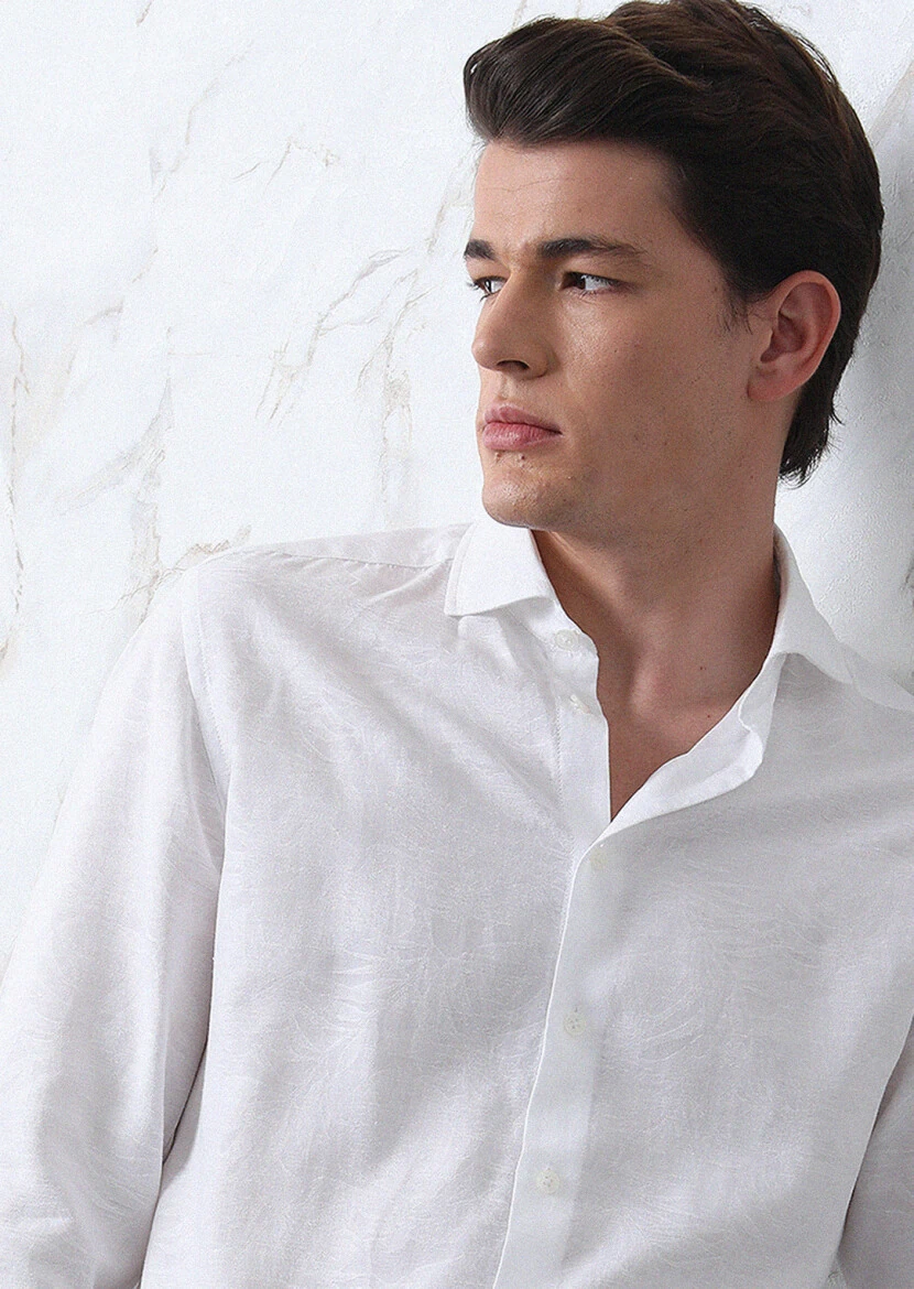 Beyaz Desenli Slim Fit Dokuma Casual Pamuk Karışımlı Gömlek - 1