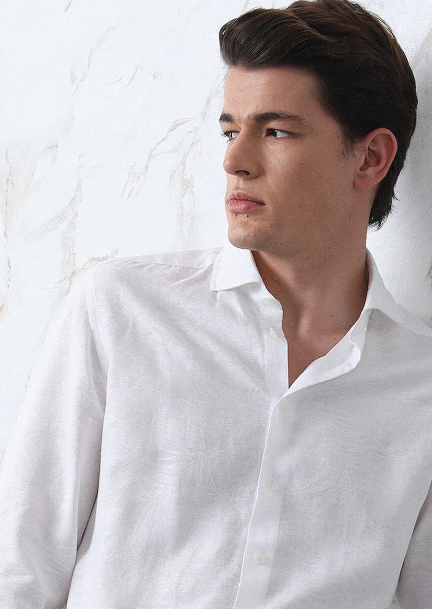 Beyaz Desenli Slim Fit Dokuma Casual Pamuk Karışımlı Gömlek - 1