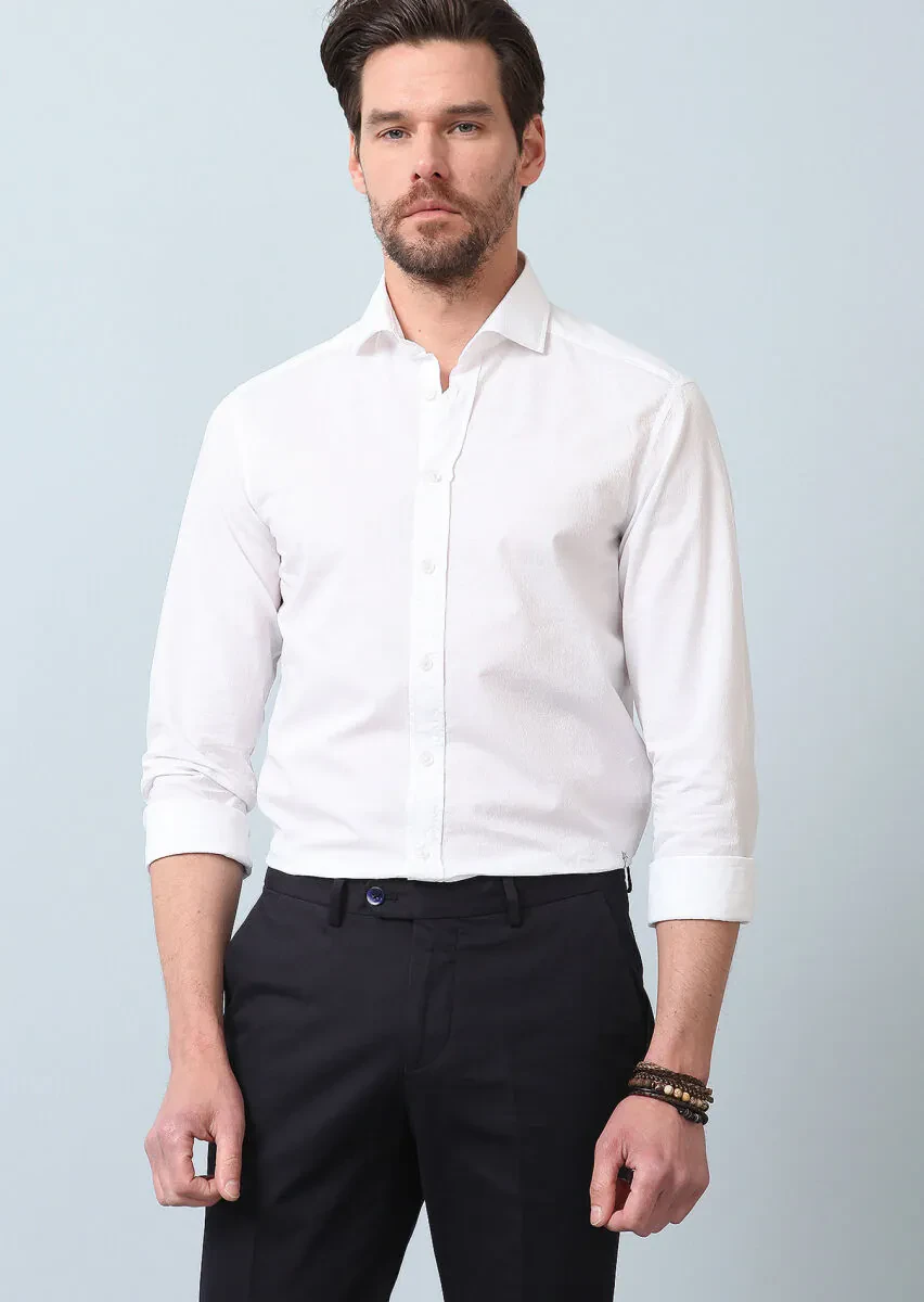 Beyaz Desenli Slim Fit Dokuma Casual Pamuk Karışımlı Gömlek - 5