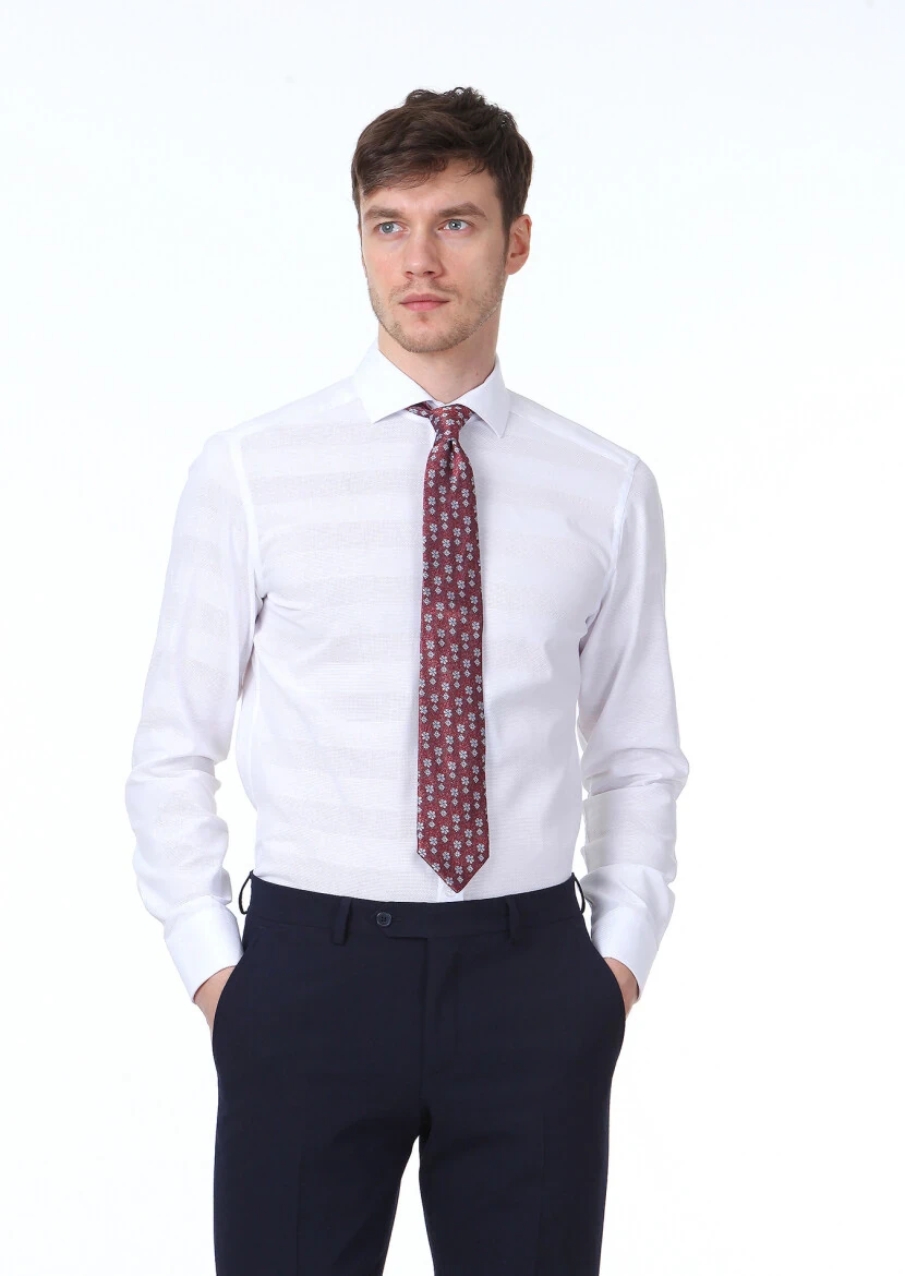 Beyaz Desenli Slim Fit Dokuma Klasik %100 Pamuk Gömlek - 1