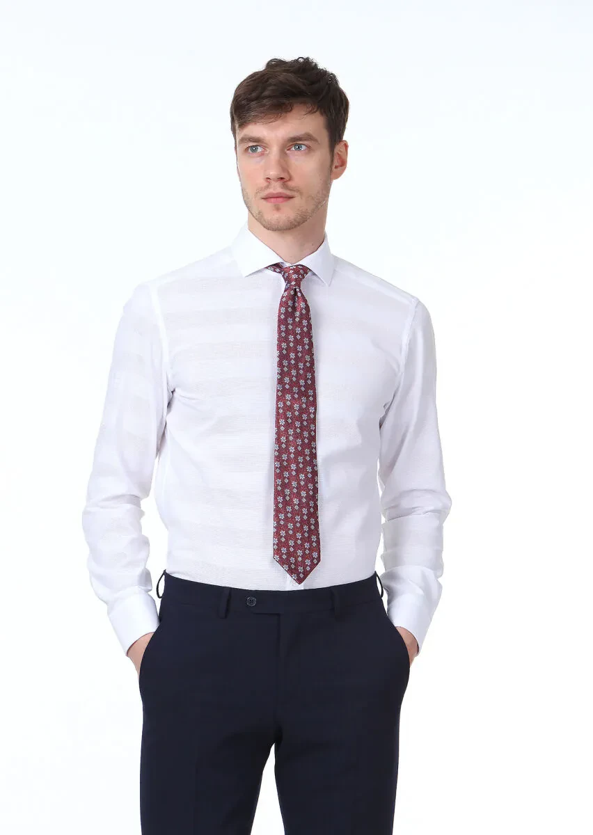 Beyaz Desenli Slim Fit Dokuma Klasik %100 Pamuk Gömlek - 1