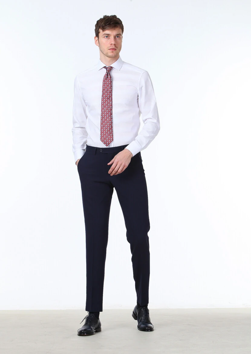 Beyaz Desenli Slim Fit Dokuma Klasik %100 Pamuk Gömlek - 2