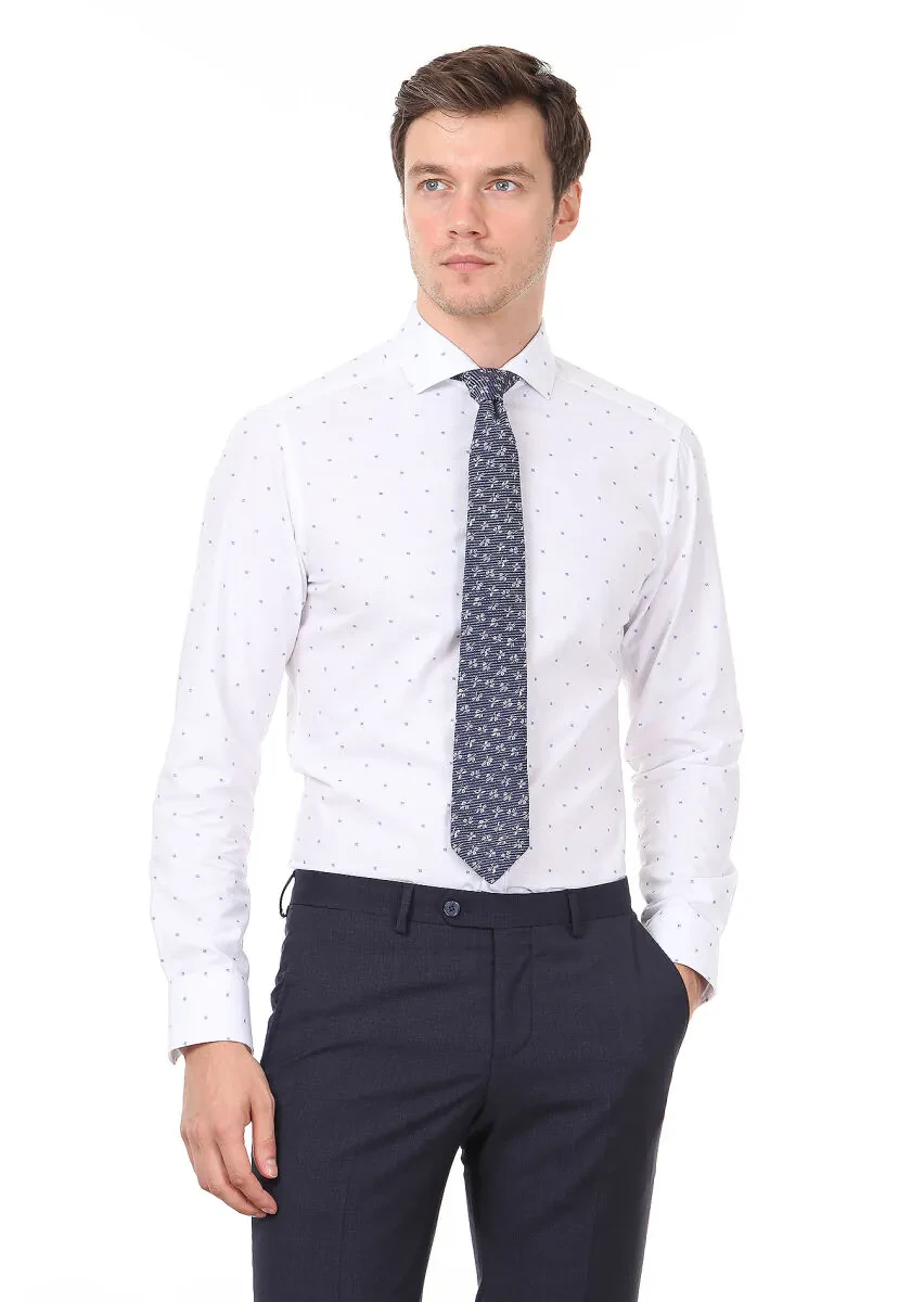 Beyaz Desenli Slim Fit Dokuma Klasik %100 Pamuk Gömlek - 1