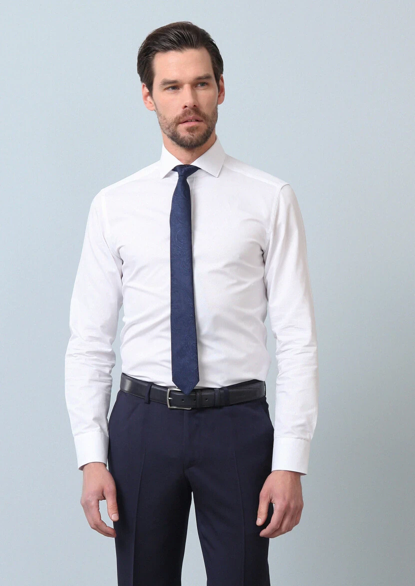 Beyaz Desenli Slim Fit Dokuma Klasik %100 Pamuk Gömlek - 1