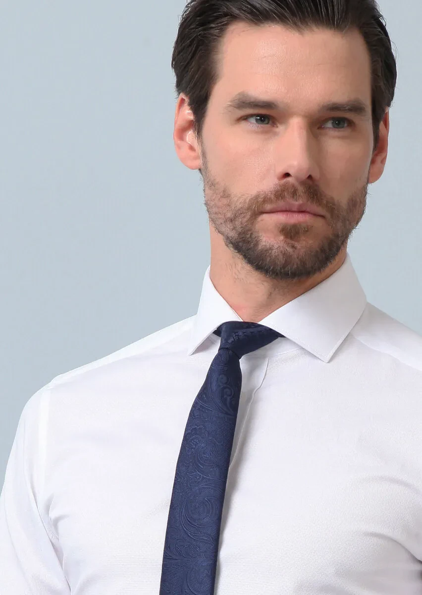 Beyaz Desenli Slim Fit Dokuma Klasik %100 Pamuk Gömlek - 2