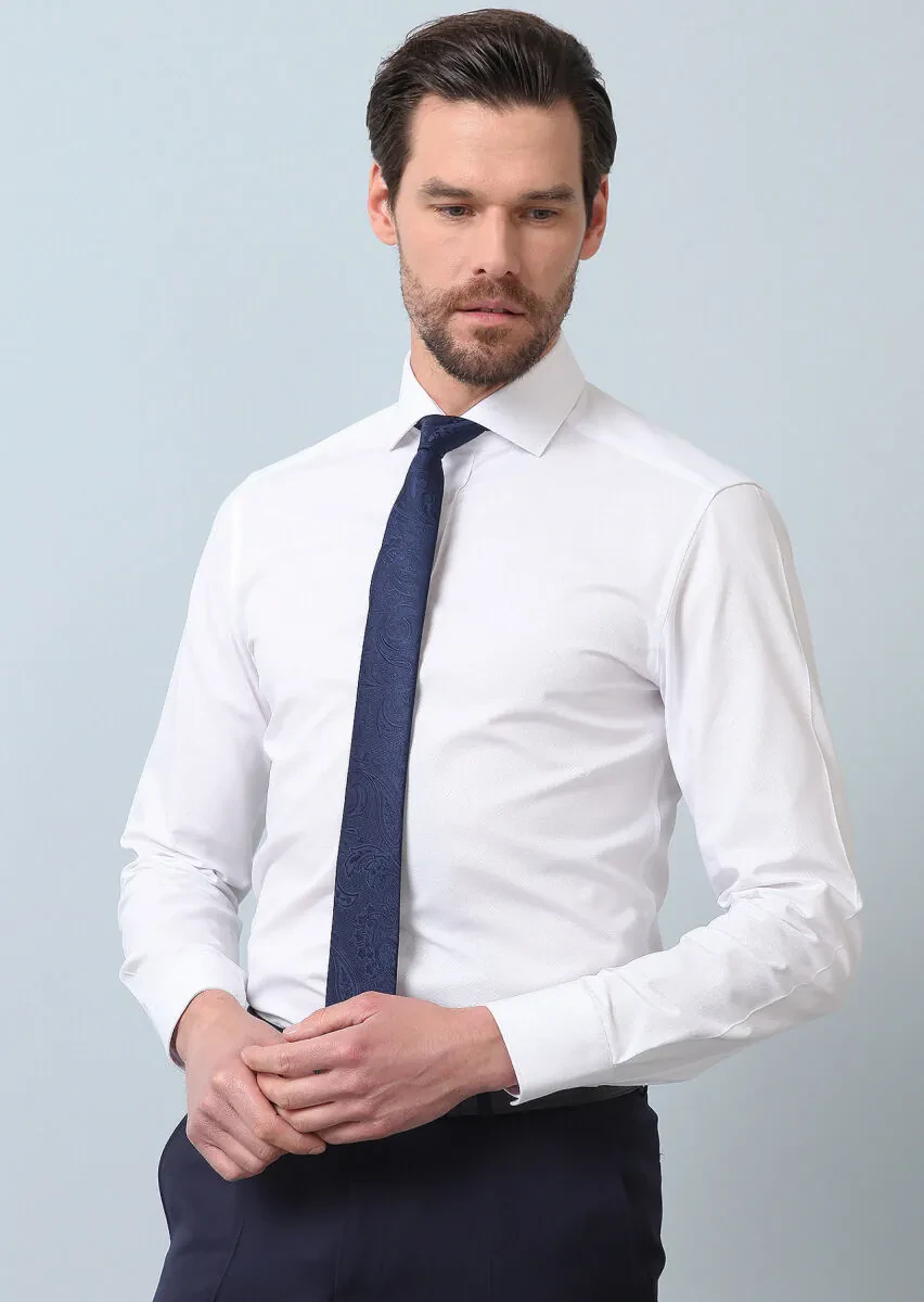 Beyaz Desenli Slim Fit Dokuma Klasik %100 Pamuk Gömlek - 3