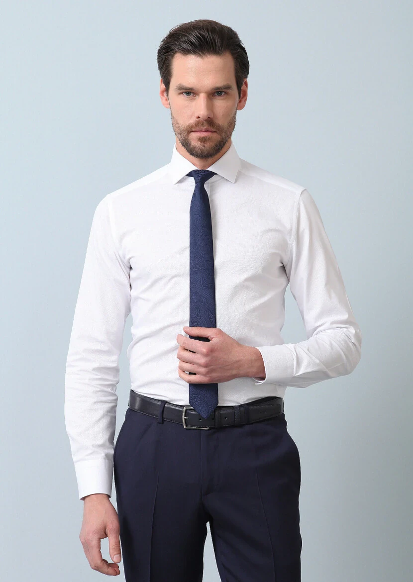 Beyaz Desenli Slim Fit Dokuma Klasik %100 Pamuk Gömlek - 4