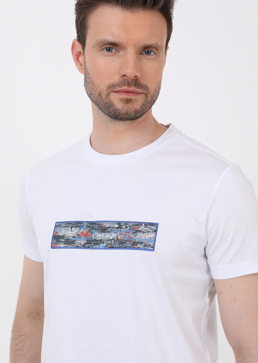 Beyaz Düz Bisiklet Yaka %100 Pamuk T-Shirt - 3