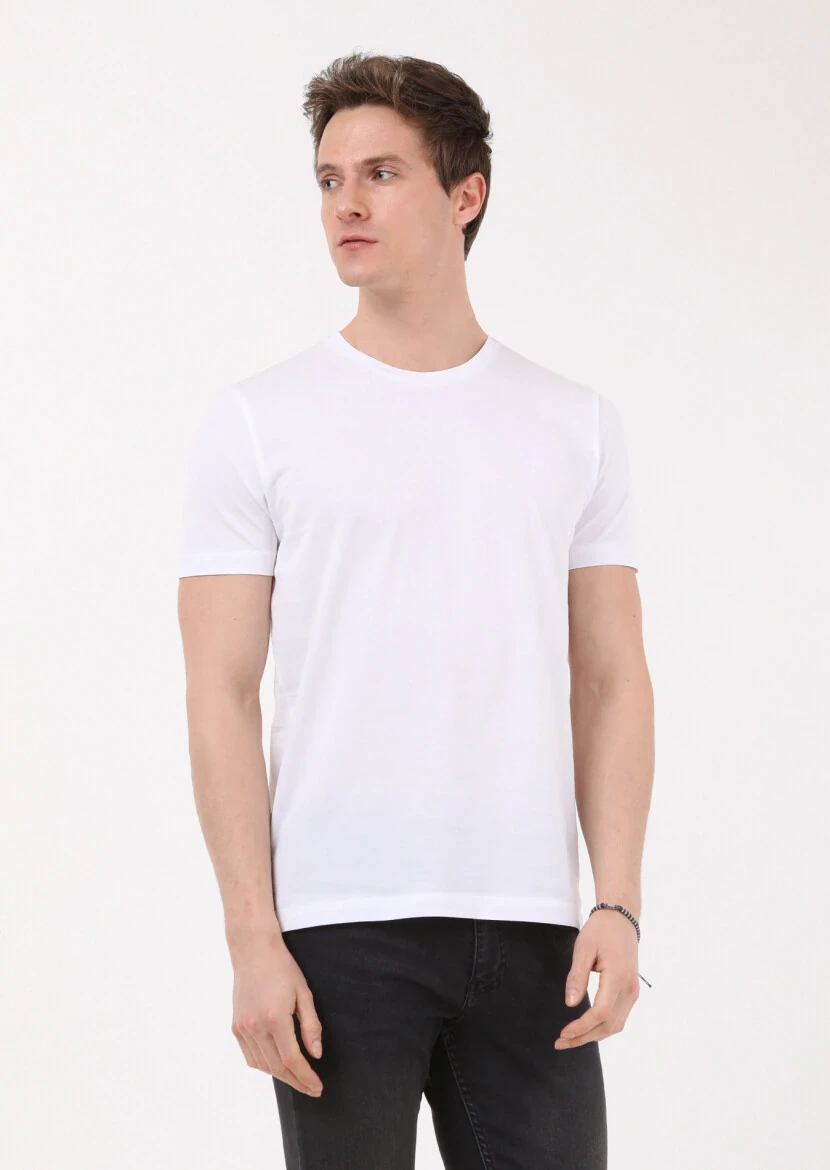 Beyaz Düz Bisiklet Yaka %100 Pamuk T-Shirt - 1