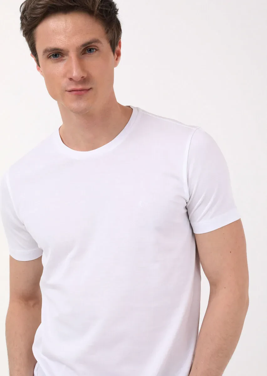 Beyaz Düz Bisiklet Yaka %100 Pamuk T-Shirt - 2