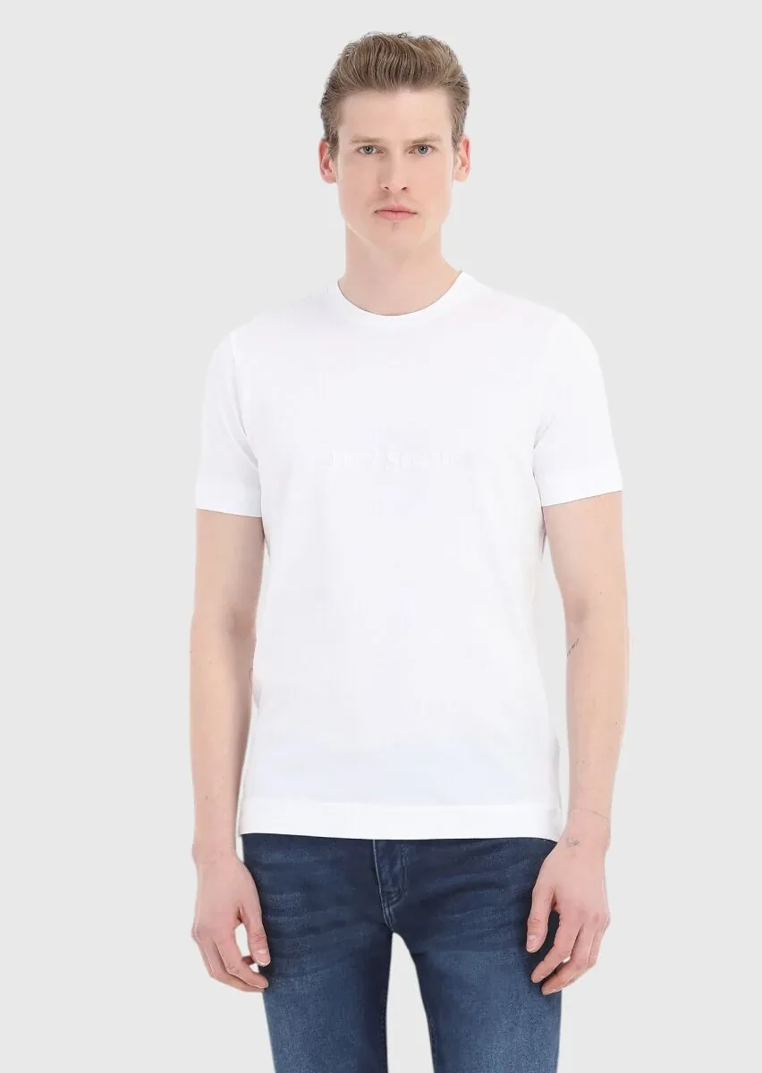 Beyaz Düz Bisiklet Yaka %100 Pamuk T-Shirt - 2