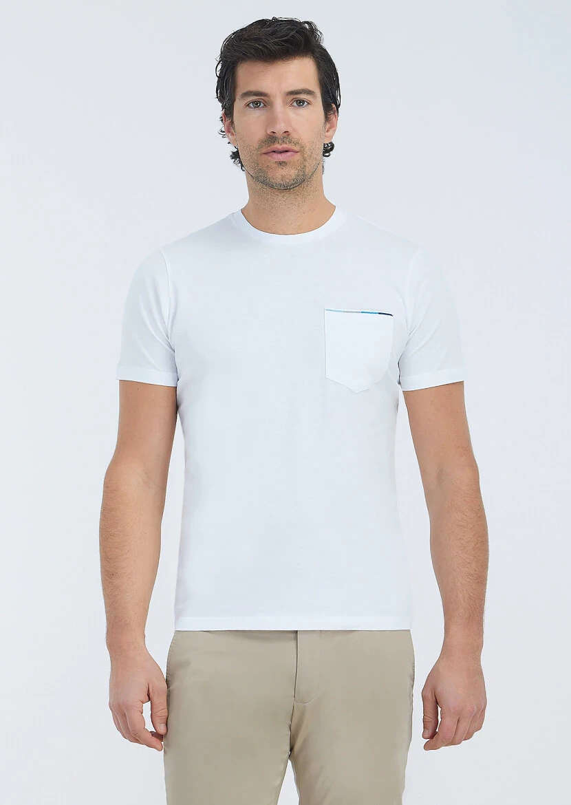 Beyaz Düz Bisiklet Yaka %100 Pamuk T-Shirt 