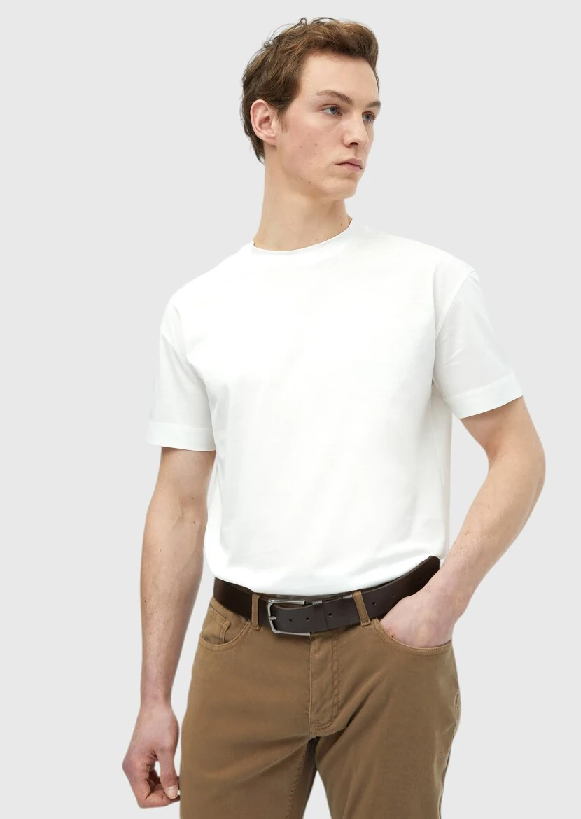 Beyaz Düz Bisiklet Yaka %100 Pamuk T-Shirt - RAMSEY