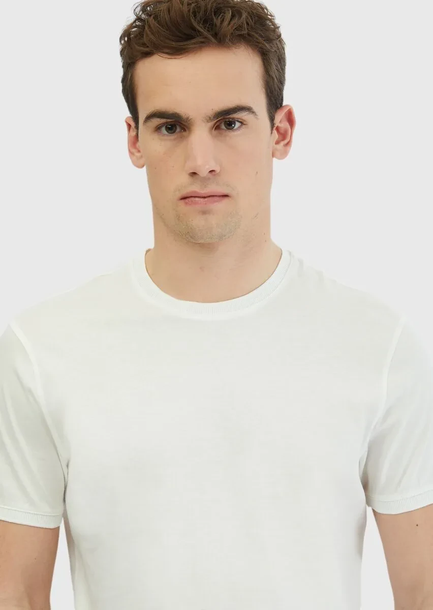 Beyaz Düz Bisiklet Yaka %100 Pamuk T-Shirt - 3