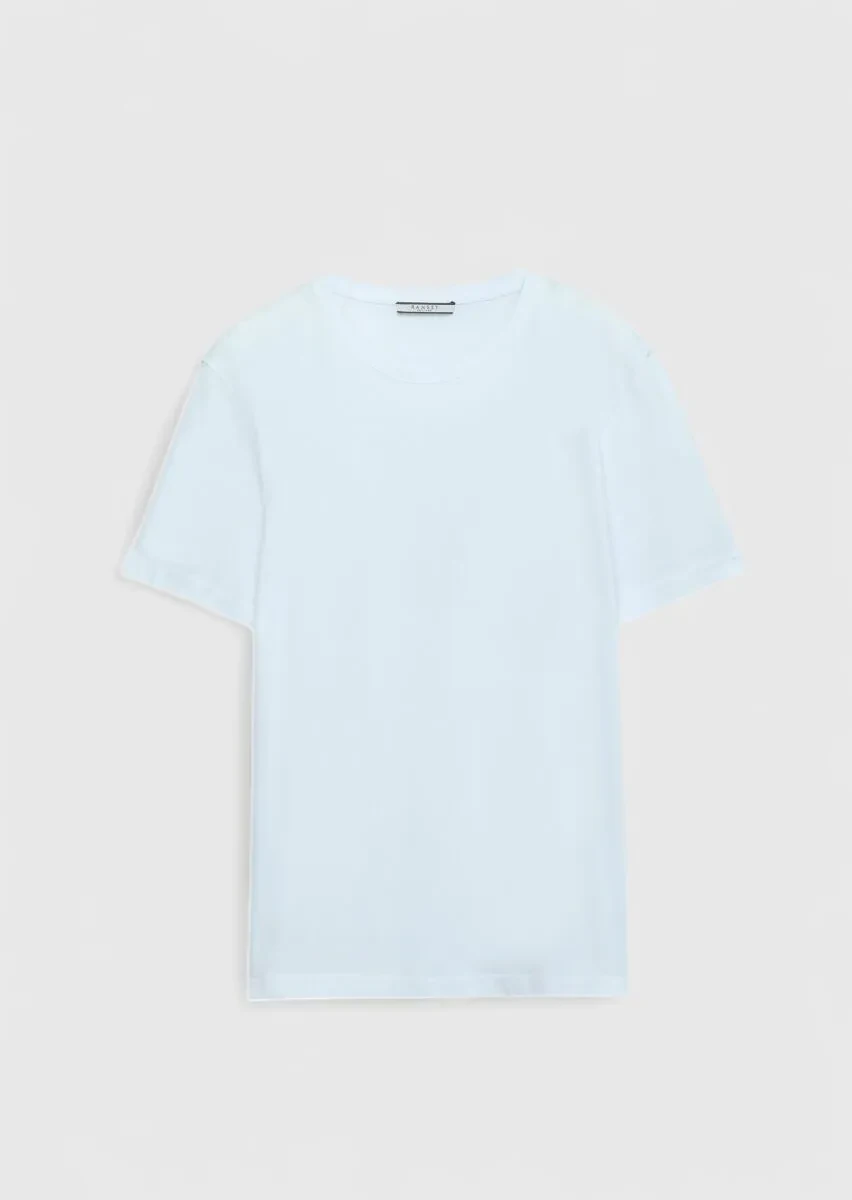 Beyaz Düz Bisiklet Yaka %100 Pamuk T-Shirt - 6