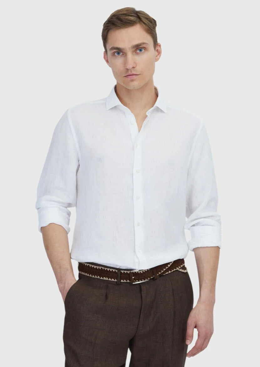 Beyaz Düz Casual Fit Dokuma Casual %100 Keten Gömlek - RAMSEY