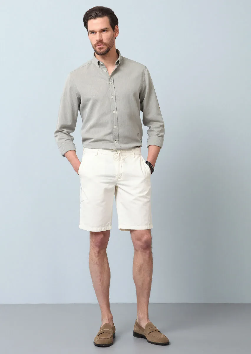 Beyaz Düz Dokuma Regular Fit Casual Pamuk Karışımlı Bermuda - 4