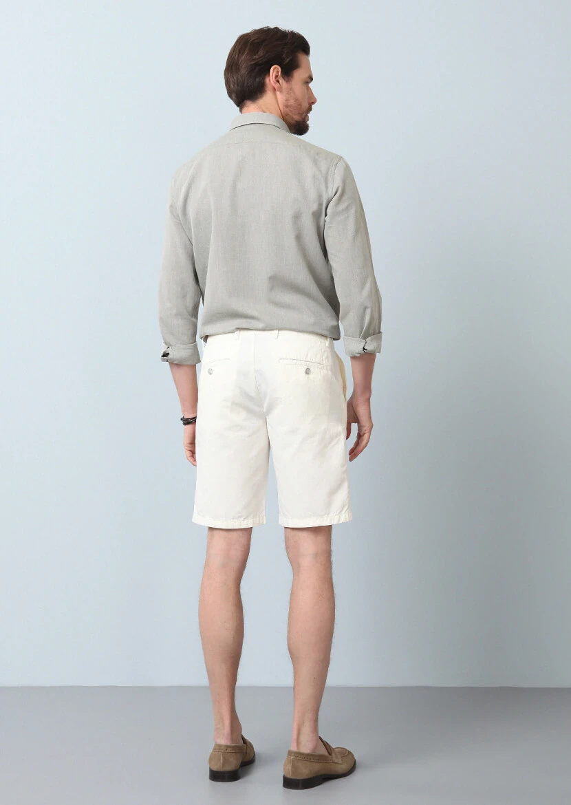 Beyaz Düz Dokuma Regular Fit Casual Pamuk Karışımlı Bermuda - 5