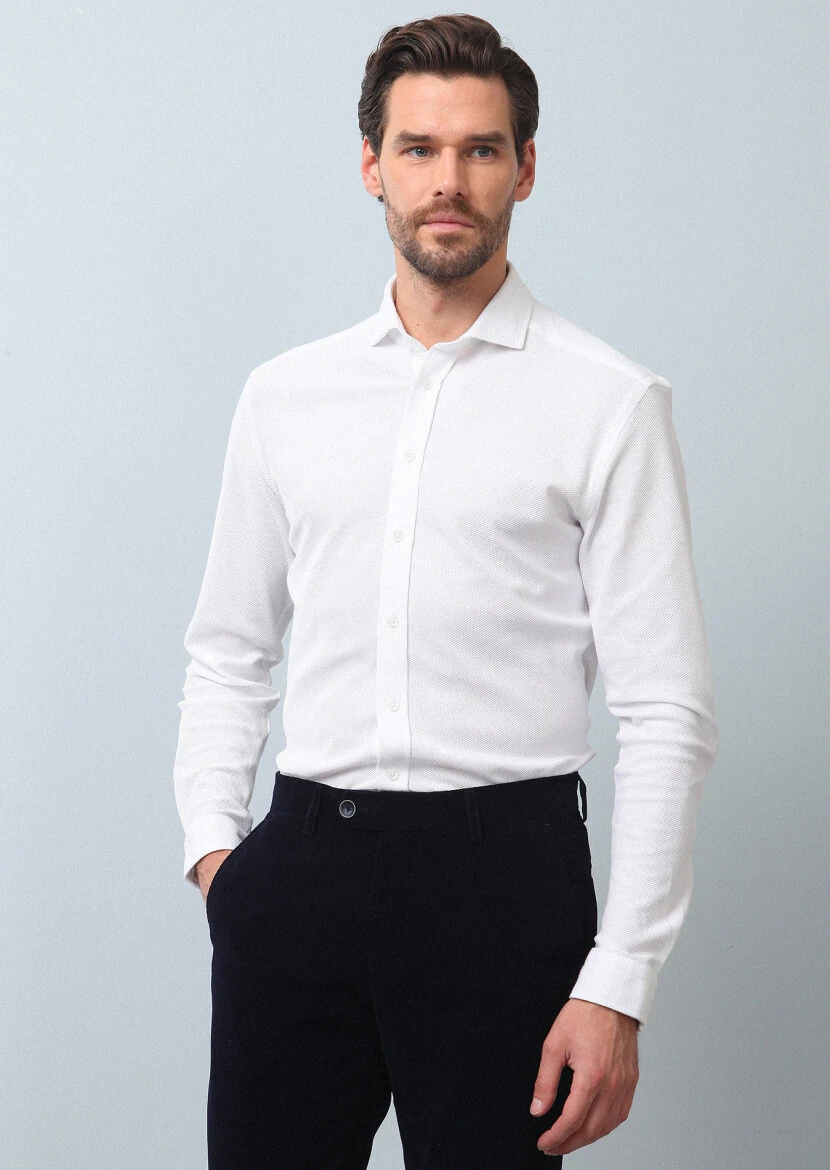 Beyaz Düz Fitted Fit Casual %100 Pamuk Gömlek - 1
