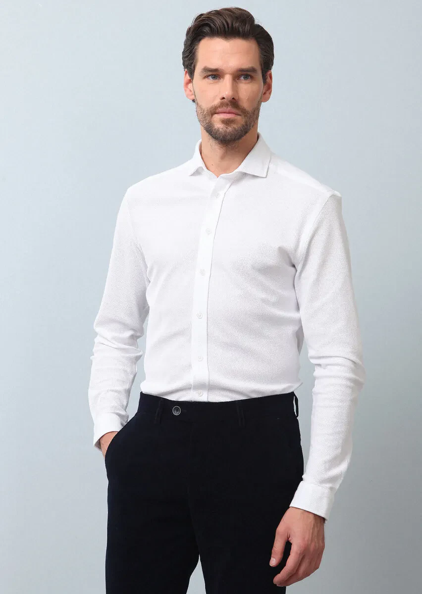 Beyaz Düz Fitted Fit Casual %100 Pamuk Gömlek - 1