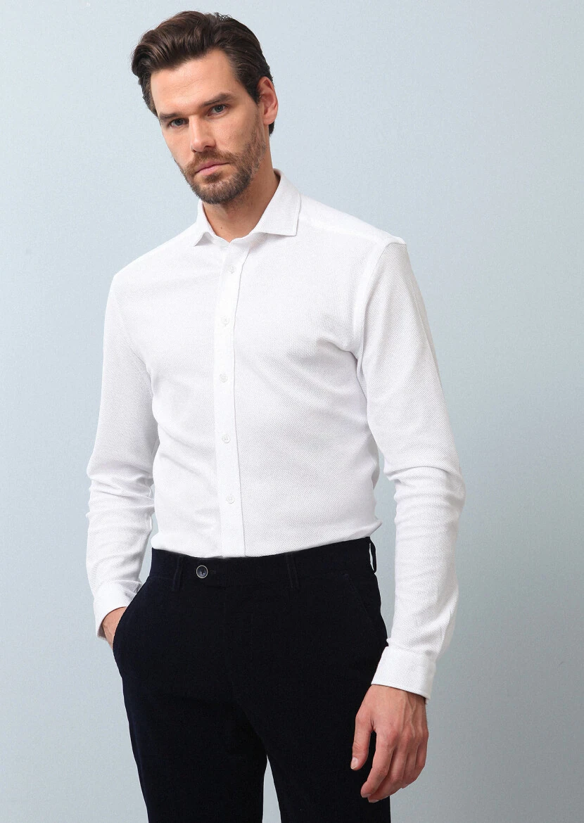Beyaz Düz Fitted Fit Casual %100 Pamuk Gömlek - 2