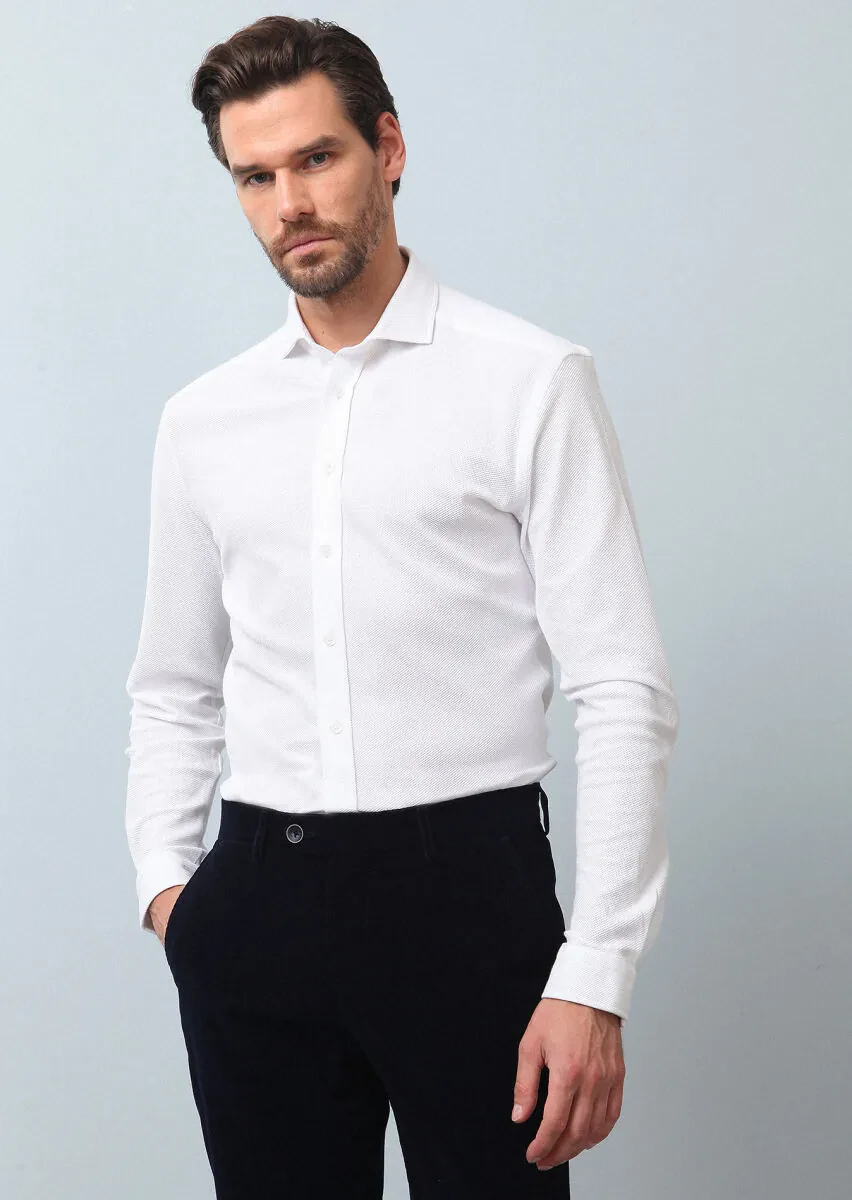 Beyaz Düz Fitted Fit Casual %100 Pamuk Gömlek - 2