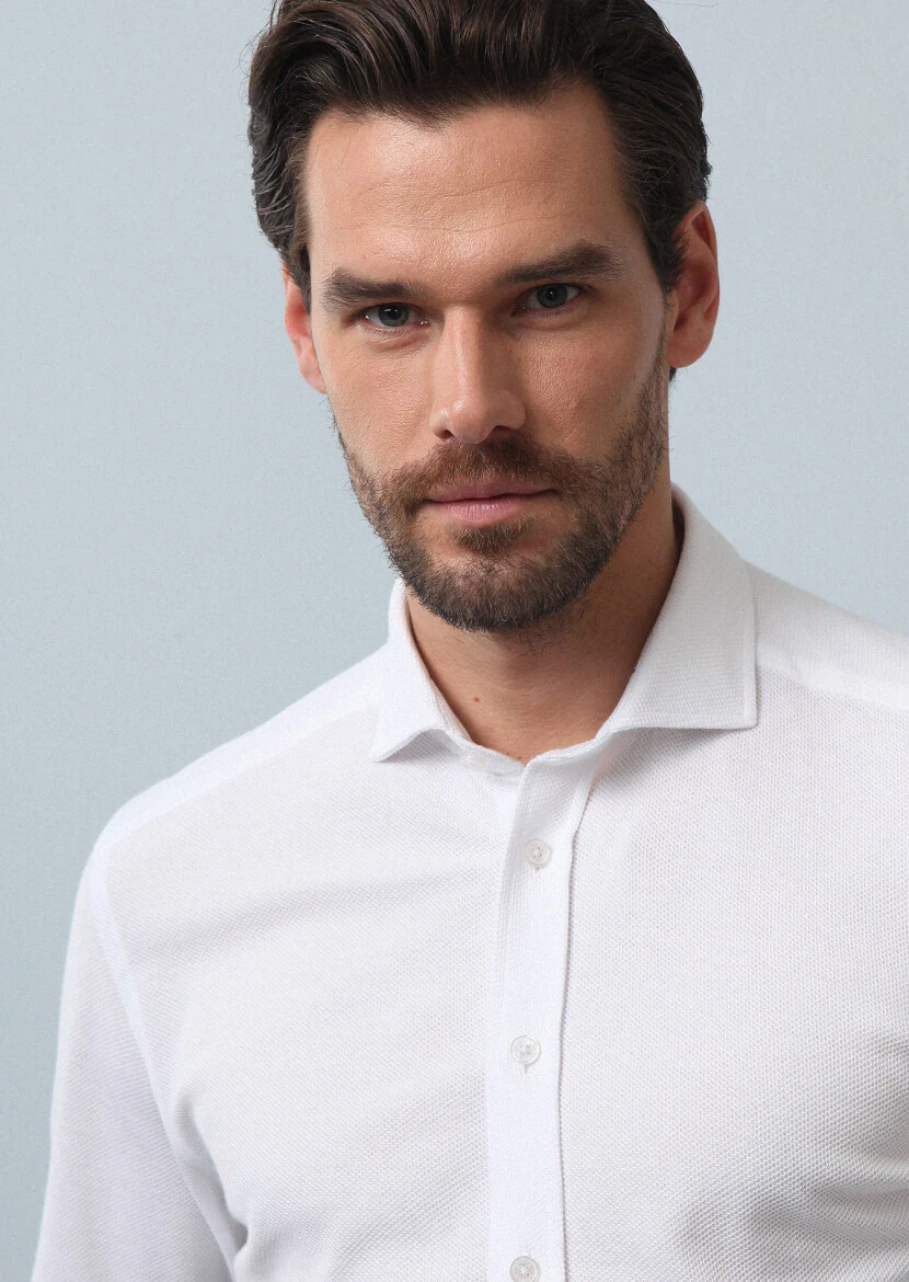 Beyaz Düz Fitted Fit Casual %100 Pamuk Gömlek - 3