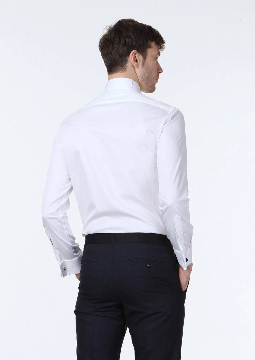 Beyaz Düz Fitted Fit Duble Manşet Ata Yaka Smokin Gömlek - 4