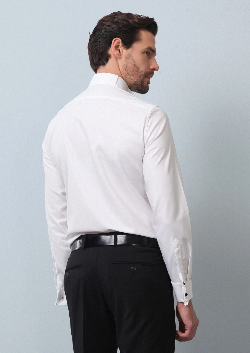 Beyaz Düz Fitted Fit Duble Manşet Ata Yaka Smokin Gömlek - 5