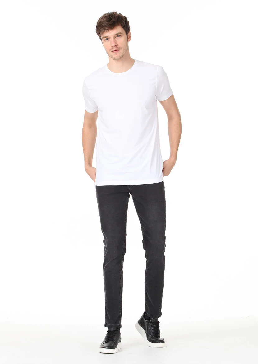 Beyaz Düz Pamuk Karışımlı T-Shirt - 3