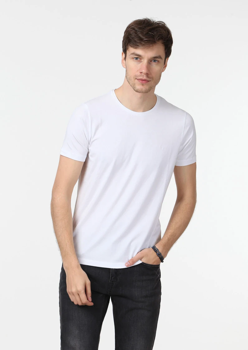 Beyaz Düz Pamuk Karışımlı T-Shirt - 1