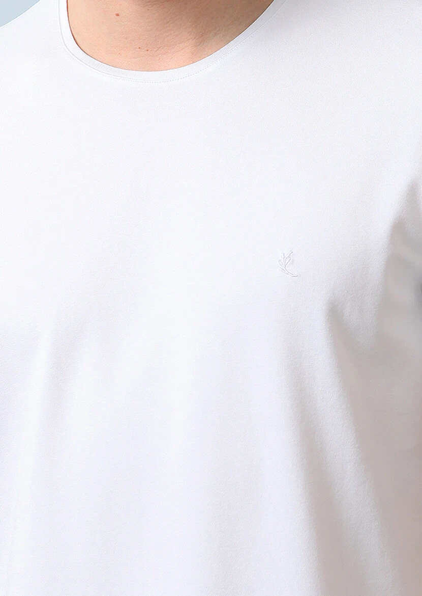 Beyaz Düz Pamuk Karışımlı T-Shirt - 2