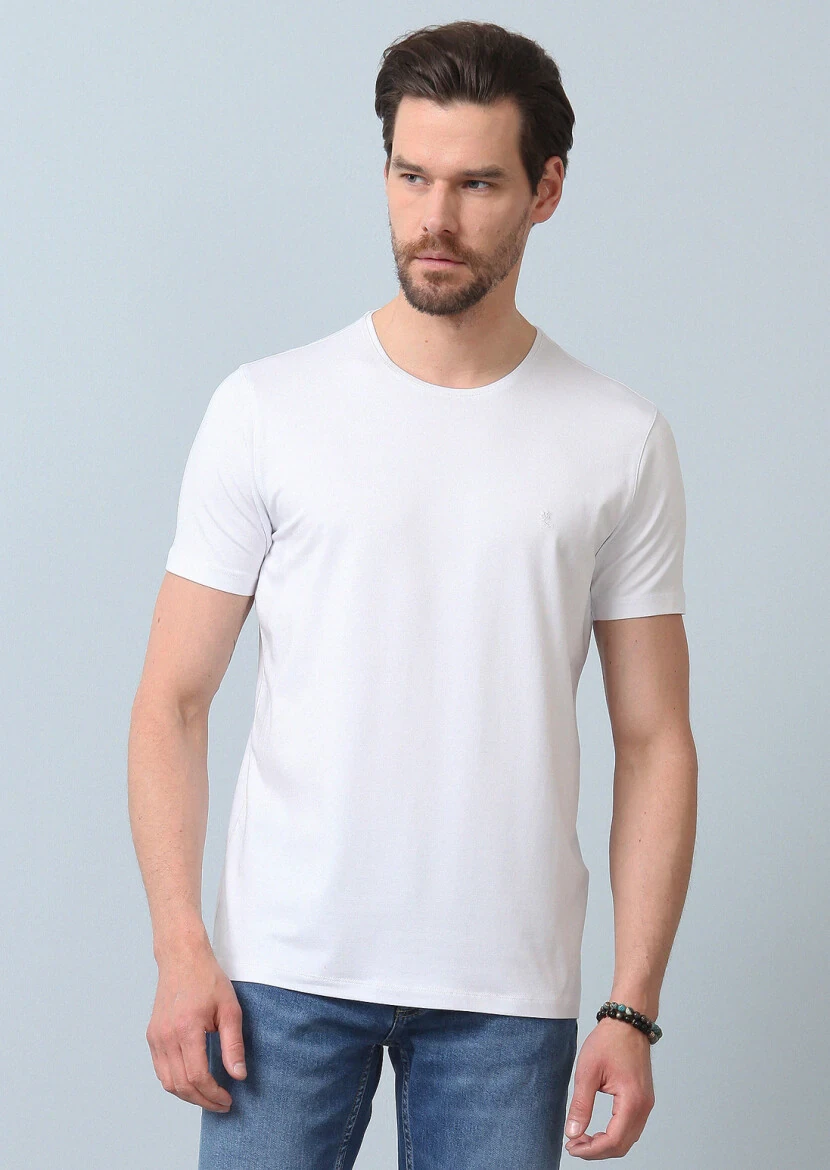Beyaz Düz Pamuk Karışımlı T-Shirt - 5