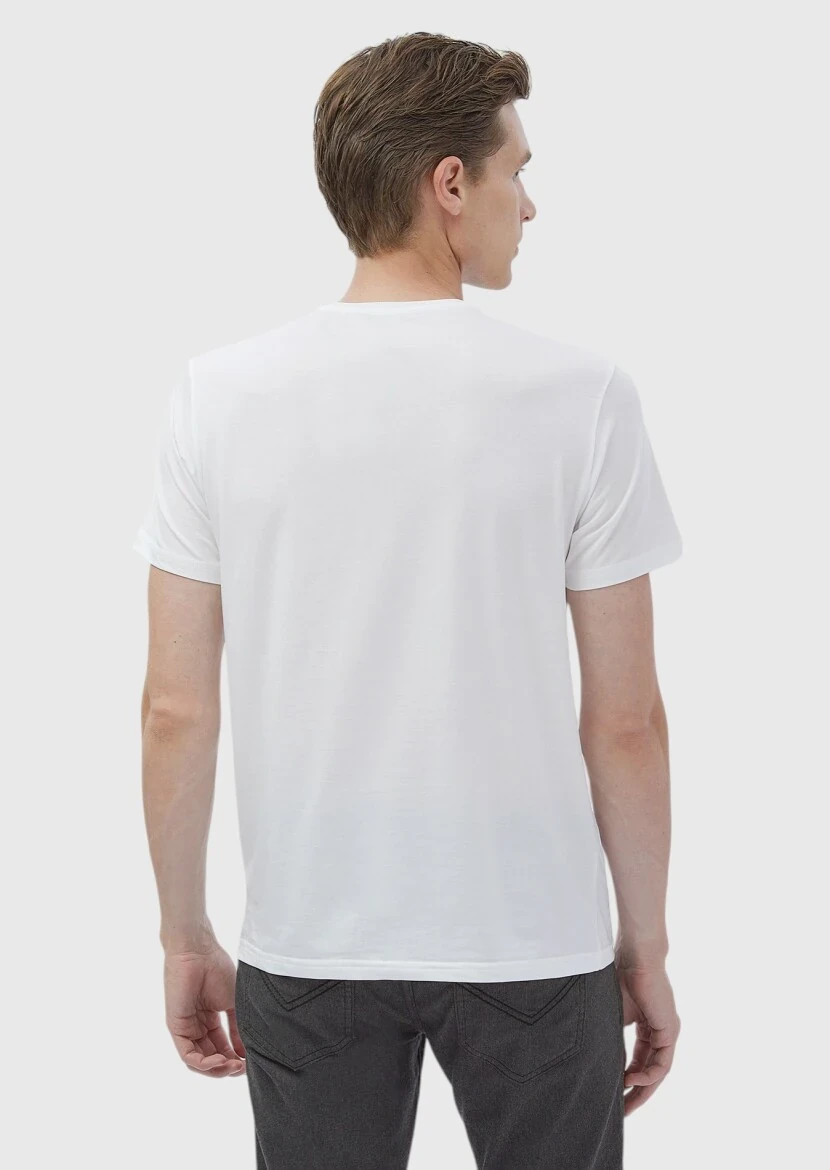 Beyaz Düz Pamuk Karışımlı T-Shirt - 5