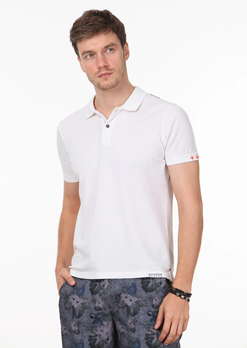 Beyaz Düz Polo Yaka %100 Pamuk T-Shirt - 1