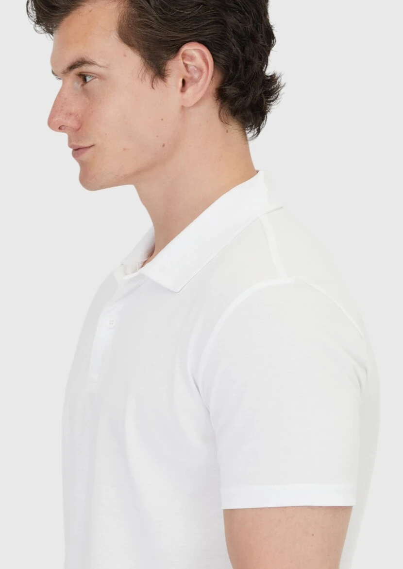 Beyaz Düz Polo Yaka %100 Pamuk T-Shirt - 5