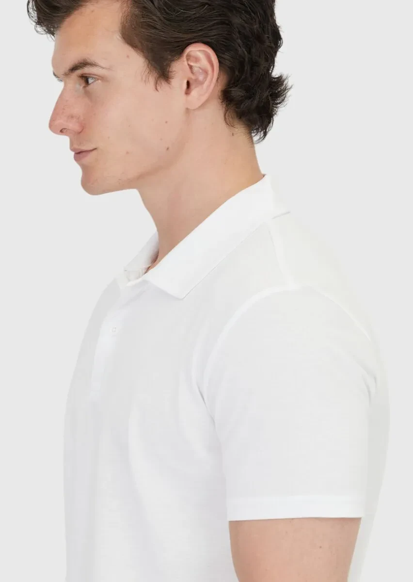 Beyaz Düz Polo Yaka %100 Pamuk T-Shirt - 5