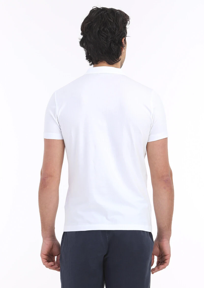 Beyaz Düz Polo Yaka Pamuk Karışımlı T-Shirt - 4