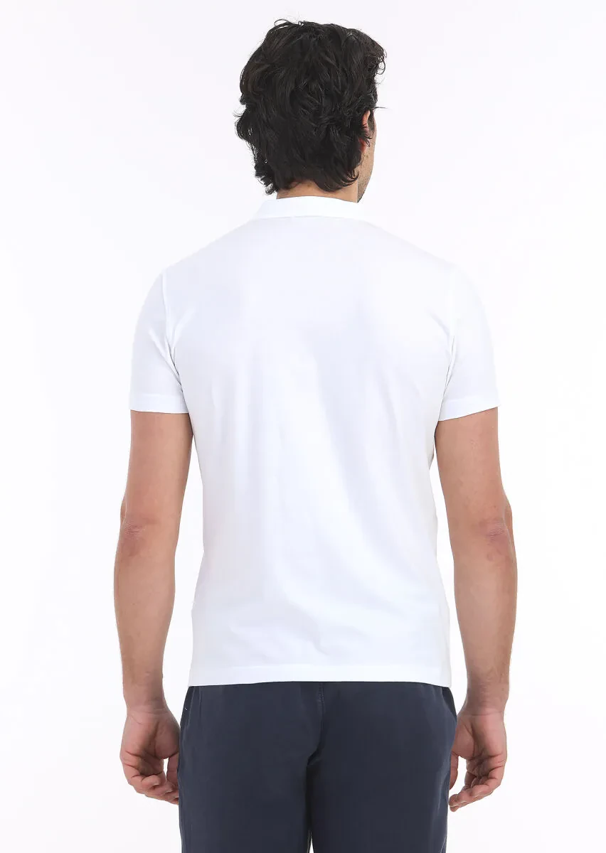 Beyaz Düz Polo Yaka Pamuk Karışımlı T-Shirt - 4