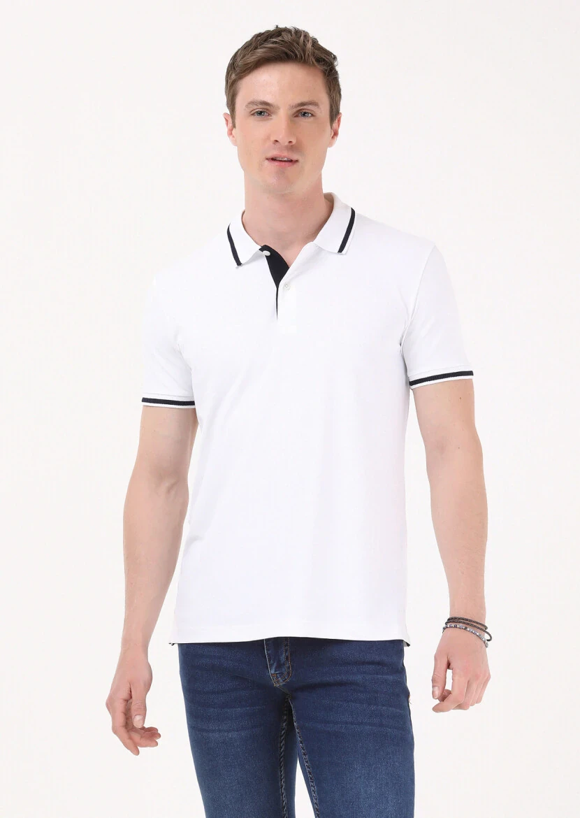 Beyaz Düz Polo Yaka T-Shirt - 1
