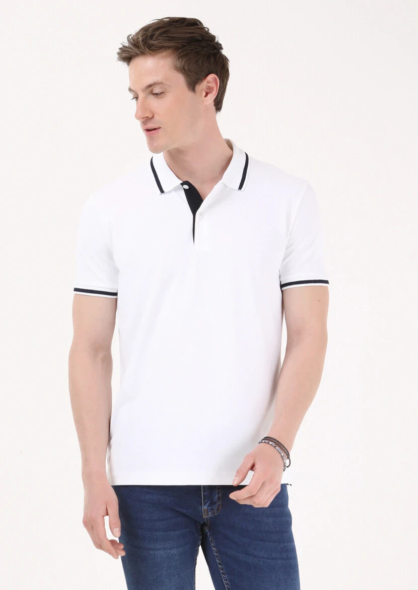Beyaz Düz Polo Yaka T-Shirt - 3