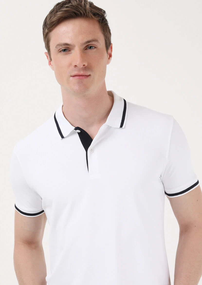 Beyaz Düz Polo Yaka T-Shirt - 4