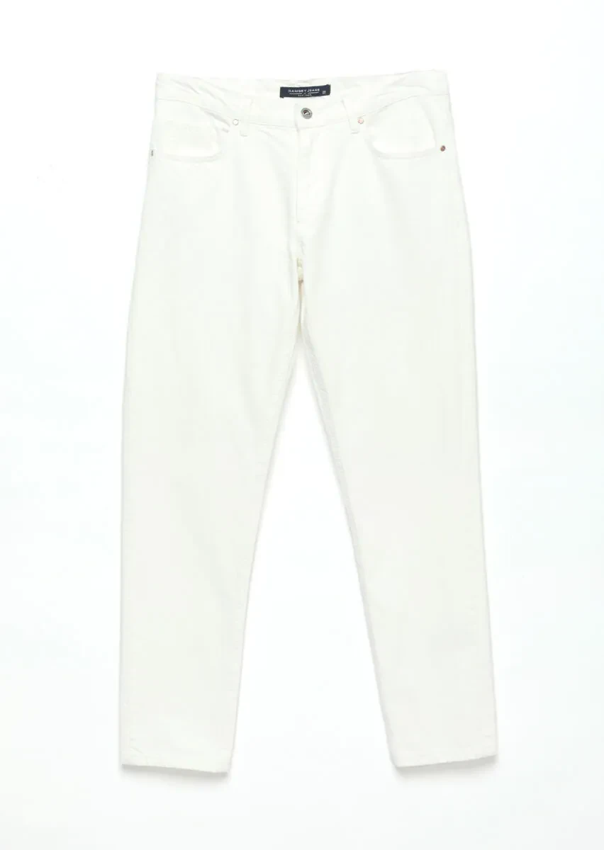 Beyaz Düz Regular Fit Denim %100 Pamuk Pantolon - 7
