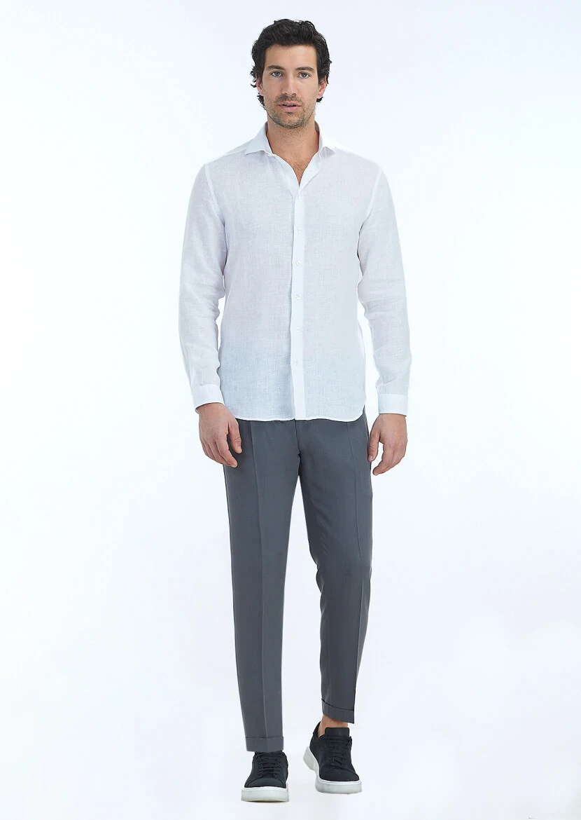 Beyaz Düz Regular Fit Dokuma Casual %100 Keten Gömlek - 1