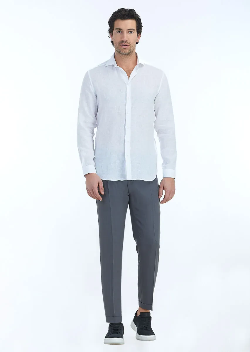 Beyaz Düz Regular Fit Dokuma Casual %100 Keten Gömlek - 1