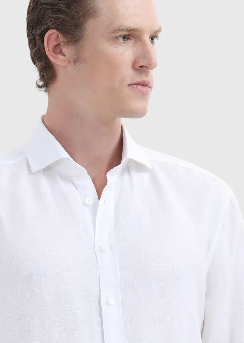 Beyaz Düz Regular Fit Dokuma Casual %100 Keten Gömlek - 3