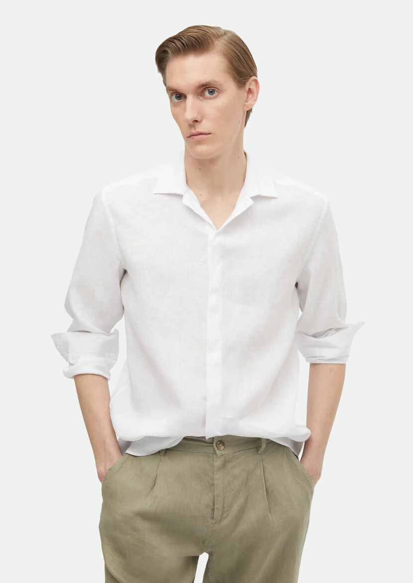 Beyaz Düz Regular Fit Dokuma Casual %100 Keten Gömlek - RAMSEY