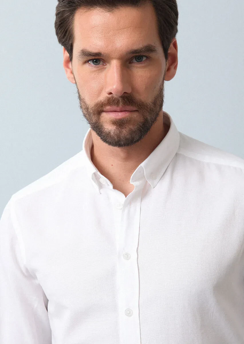 Beyaz Düz Regular Fit Dokuma Casual %100 Pamuk Gömlek - 1