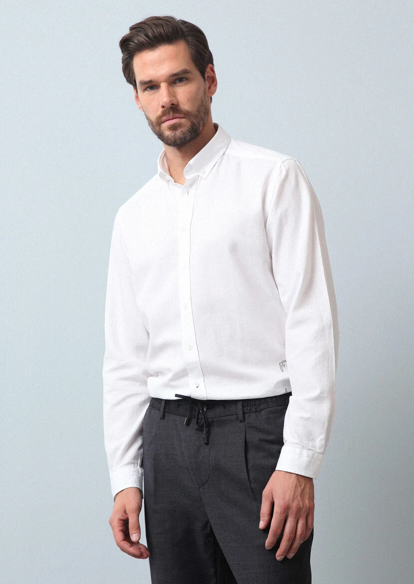 Beyaz Düz Regular Fit Dokuma Casual %100 Pamuk Gömlek - 3