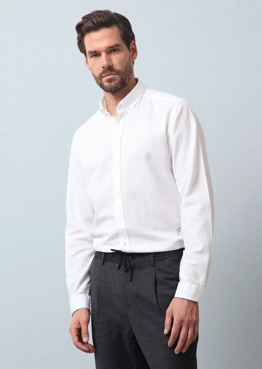 Beyaz Düz Regular Fit Dokuma Casual %100 Pamuk Gömlek - 3